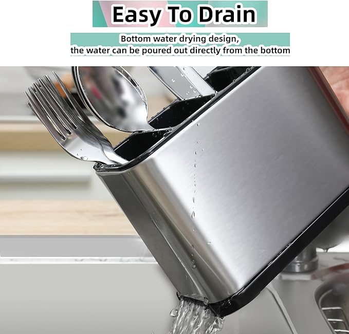 Silverware Organizer,Kitchen Utensil Holder For Counter,Stainless Steel Caddy,4 Compartments Organizer,Capacity Flatware Spoon Fork Tool Cutlery Holder（Silvery）