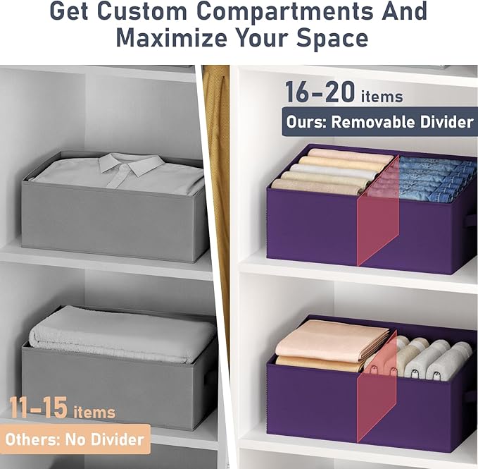 DIMJ Large Closet Shelf Organizer Bins 6 Packs with Handles and Divider, Fabric Trapezoid Storage Baskets, Foldable Clothes Containers Box for Shelf, Towel, Book, Toy, Purse, Hats, Purple