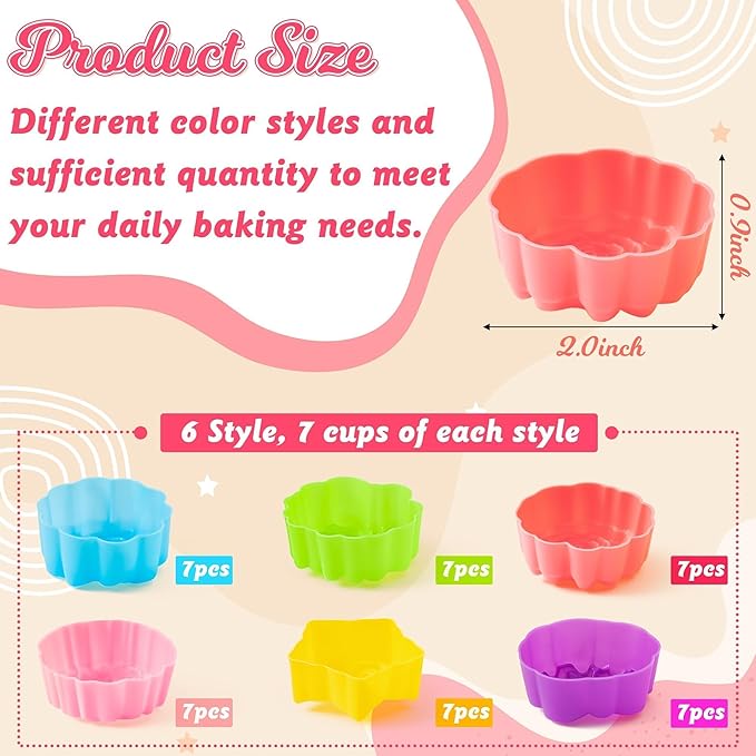 R HORSE 42 Pack Silicone Molds Cupcake 2 Inch Mini Size Multi Flower-Shaped Baking Cups Non-Stick Donut Wrapper Mold Muffin Liners Washable for Desserts Ice Creams Puddings Donut Supply Party
