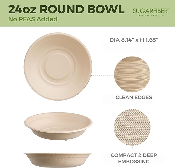 [500 COUNT]Sugarfiber by Harvest Pack PFAS FREE 24oz Round Soup Paper Bowls - Compostable Heavy-Duty Eco-Friendly Disposable Bagasse Bowl sugarcane made plant fibers for Meal Prep