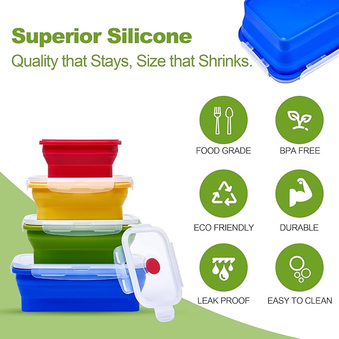 Set of 4 Collapsible Silicone Food Storage Container, Leftover Meal box For Kitchen, Bento Lunch Boxes, BPA Free, Microwave, Dishwasher and Freezer Safe. Foldable Design Saves Your Space.