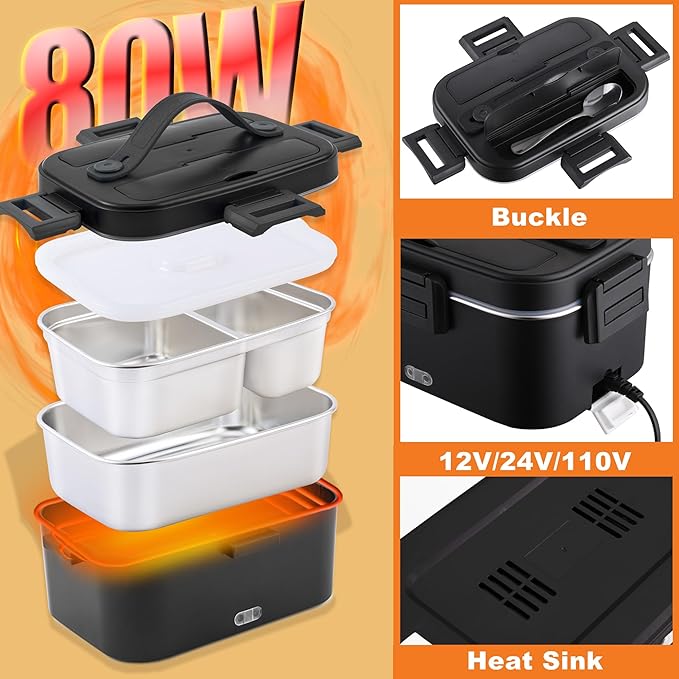 Nifogo Electric Lunch Box for Adults with 2 Stainless Steel Containers 1.8L 80W Heated Lunch Boxes for Men Electric LunchBox Food Heater Portable 12/24/110V for Work Car Truck (Black)