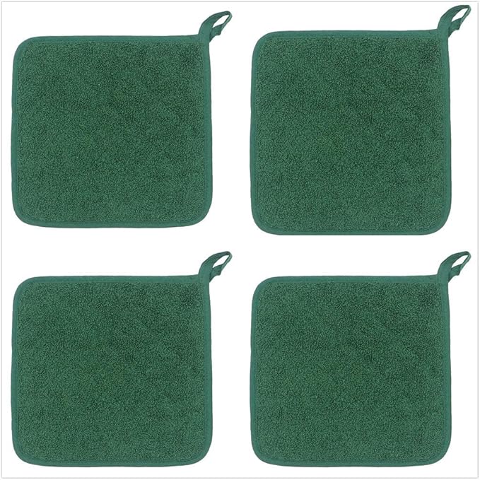Cotton Pot Holders Cotton Made Machine Washable Heat Resistant Everyday Kitchen Basic Terry Pot Holder, Hot Pads, Trivet for Cooking and Baking Set of 4 (Dark Green)