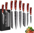 8-Piece Premium Japanese Kitchen Knife Set - Imperial Collection, Laser Damascus Pattern, 440A Stainless Steel Ultra Sharp for Fast Cutting (Red 8J)