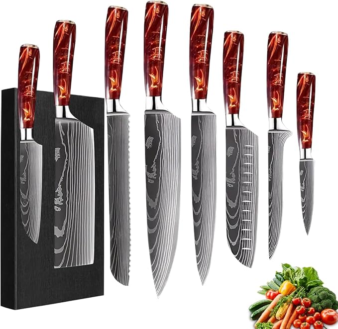 8-Piece Premium Japanese Kitchen Knife Set - Imperial Collection, Laser Damascus Pattern, 440A Stainless Steel Ultra Sharp for Fast Cutting (DMS-8A-Red)