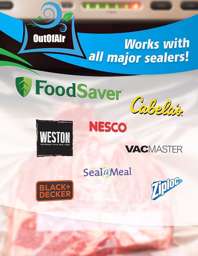 50 Zipper Vacuum Sealer Bags: Quart Size (8" x 12") - OutOfAir Vacuum Seal Zip Bags, Works with FoodSaver & Other Savers, 33% Thicker BPA Free Commercial Grade Great for Snacks On The Go