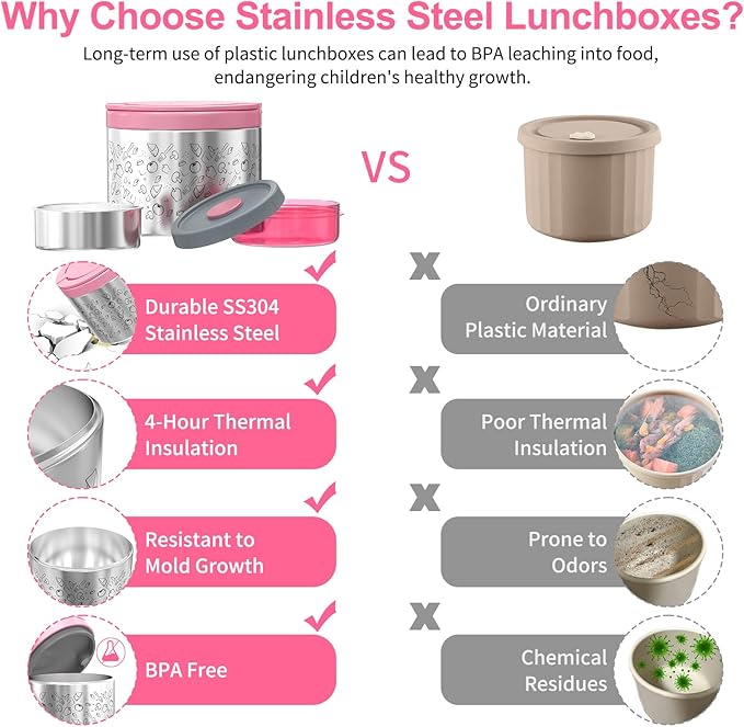 Lille Home Portable Insulated Lunch Box Set with Stainless Steel Cutlery, vacuum lunch box, to Keep Food Warm or Cool, Two Containers for Fruits and Sauces, Durable and Leak-Proof(Pink)