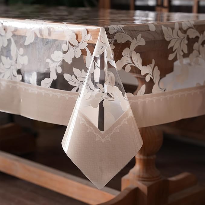 Vinyl Table Cloth Rectangle Clear Table Cover Protector with Block Printed Pattern Oil Spill Proof Farmhouse Rustic Plastic Table Covers for Dining Tables (Scroll Grass, 52 x 70 Inches)