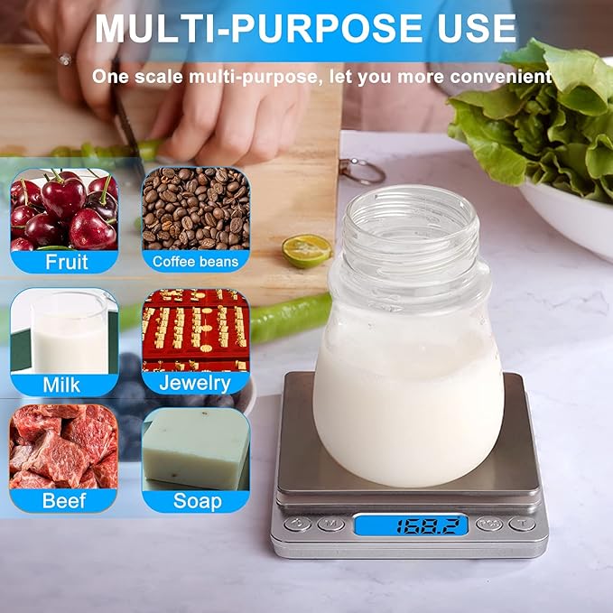 Small Digital Food Scale Ounce/OZ and Gram Scale, Kitchen Scale 3000g/0.1g High Precision for Baking, Soap Making, Jewelry, Includes 2 Trays and Batteries, 9 Units, Tare Function, Easy to Store