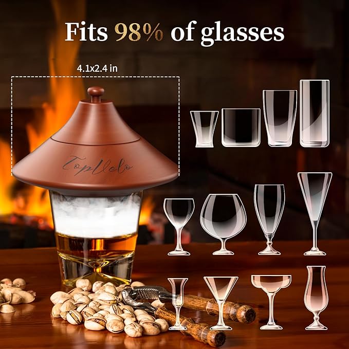 Cocktail Smoker Kit with Torch and Whiskey Glass, 6 Flavors Wood Chips and 3 Whisky Stones for Whiskey & Bourbon, Gift for Husband, Birthday Gift (No Butane), Brown