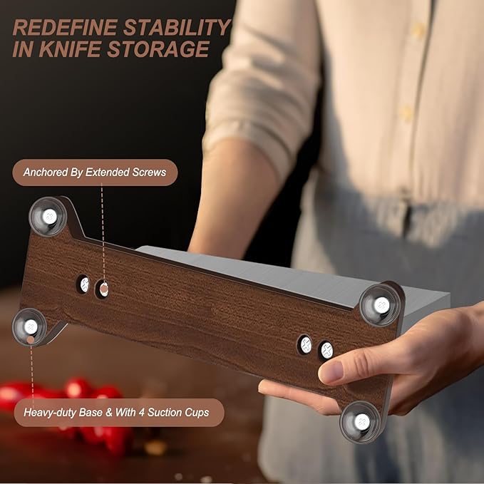 Large Magnetic Knife Holder16.15 x 11 Inches, Double Sided Magnetic Knife Block Without Knives, Stainless Steel Knife Storage Rack for Kitchen Counter With Strong Magnet Stand & Wood Base
