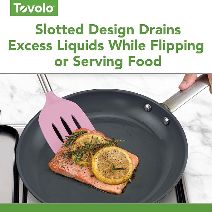 Tovolo Slotted Silicone Spatula Turner Slotted Stainless Steel Handle 10" Pink Sorbet Heat Resistant Non Toxic BPA Free Kitchen Utensil, Silicone Egg Pancake Flipper Metal Handle Turner for Cooking