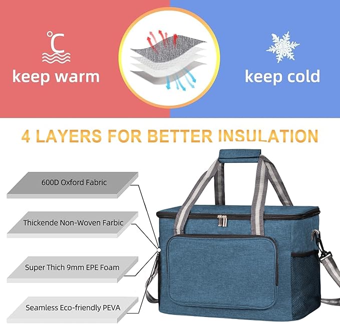 iknoe Large Cooler Bag Collapsible, 24L Insulated Bags, Leakproof Lunch Cooler Tote with Multi-Pockets for Adult Insulated Thermal Bag for Beach, Picnic, Office Work, Navy Blue 36-Can