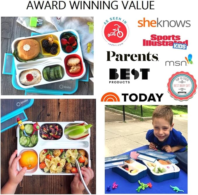 Bento-Box Lunch Boxes for Kids, Boys, Adults. Leakproof Lunch Set, Bentoboxes for School or Work. Portion Containers. BPA Free. 6 Compartments. Fork & Spoon. Blue & Navy Blue Large