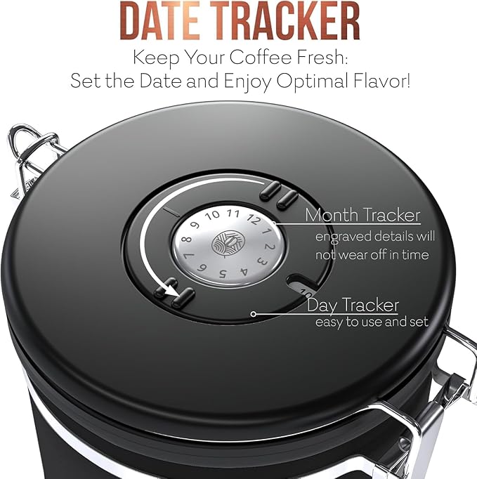 Coffee Canister – Airtight Stainless Steel Storage Container with Date Tracker & Scoop, Sealed Jar for Grounds, Beans, Tea, Flour, Cereal, and Sugar (Black Esspresso, 22OZ)