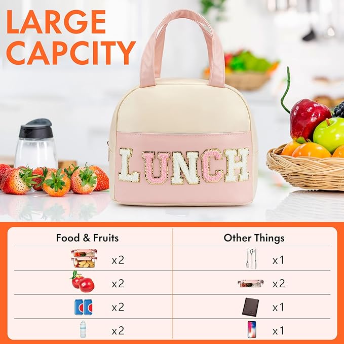 Lunch Bag for Women Insulated For Men PU leather Small Office Work lunch with Chenille Letters Leakproof Freezable Cooler Reusable Portable Box (White&Pink)