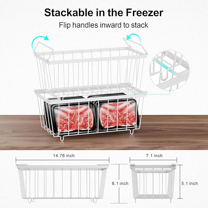 iSPECLE Freezer Organizer Bins - 4 Pack Small Stackable Deep Freezer Organizer Bins for 7 Cu.Ft Freezers Easy Get Bottom Foods without Digging, Chest Freezer Organizer Prevent Frozen Food Waste, White