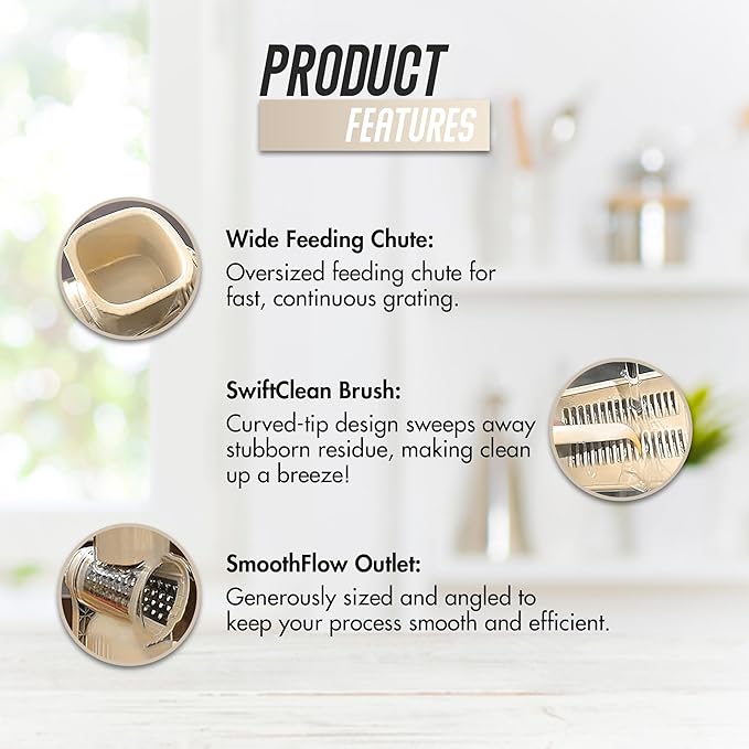 5-in-1 Rotary Cheese Grater with Hand Crank – Multi-Functional Vegetable Slicer, Nut & Cheese Shredder – Easy to Clean Food Grater (Beige)