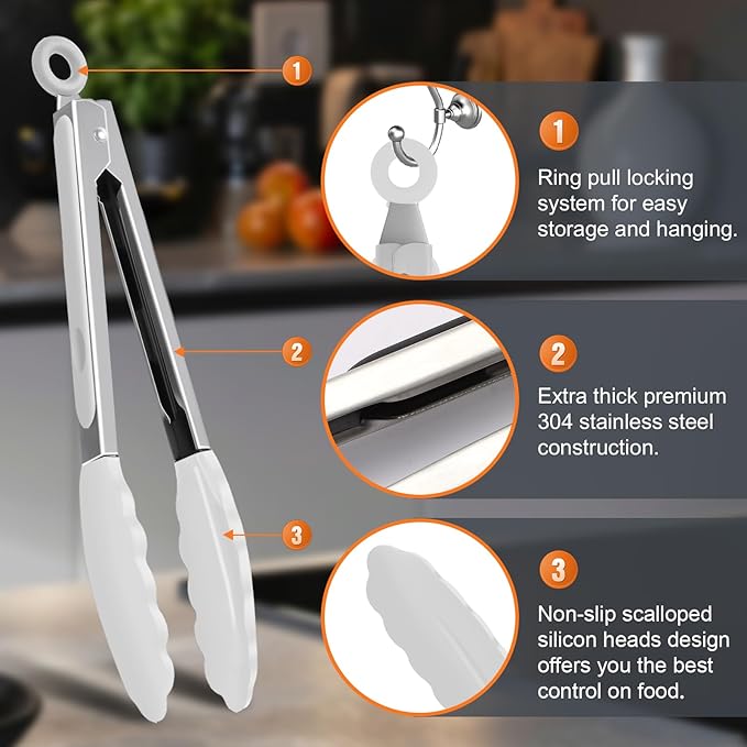 Premium Stainless Steel Heat Resistant Kitchen Tongs for cooking,set of 9" and 12" (White),Non Scratch Silicone cooking Tong Tip for Cooking Pans,Strong Grip BBQ tongs for Grabbing Hot Food