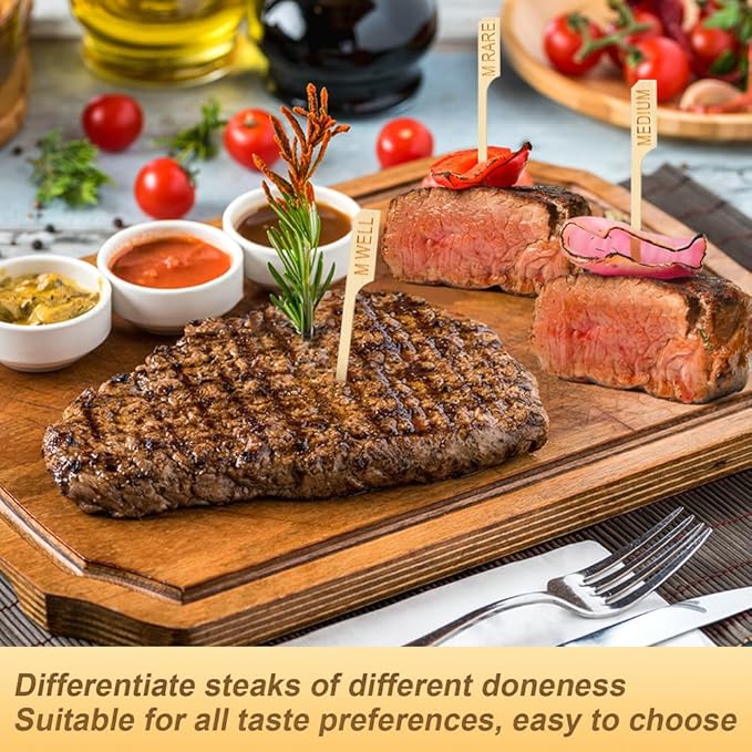 500 Pcs 3.5 Inch Assorted Bamboo Wood Steak Markers, PEOUWNES Steak Temperature Sticks Paddle Skewers for BBQ Party Kitchen Parties Catering Cocktail Fruit Grilling Roasting or Buffets Food
