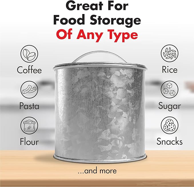 Amici Home Newport Galvanized Metal Canister | Dry Food Storage Container - 56 Ounce Capacity | Farmhouse Décor | Rustic Metal Canister for Kitchen Countertop (Silver)