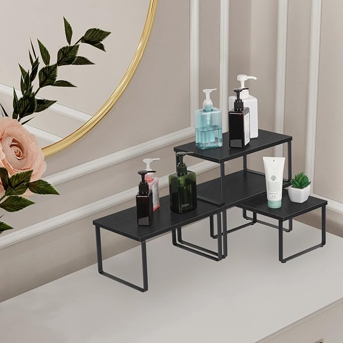 CADUKE Counter Shelf Organizer Set of 2 Kitchen Cabinet Shelves Expandable Countertop Shelves Organizer Wood Cabinet Shelf Black Stackable Storage Rack for Pantry