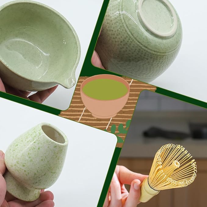 Matcha Whisk Set, 7 Pcs Matcha Set Includes Bowl, Whisk, Holder, Sifter, Bamboo Scoop, Spoon Rest and Tea Towel - Matcha Kit for Matcha Lovers (Mottled Green)
