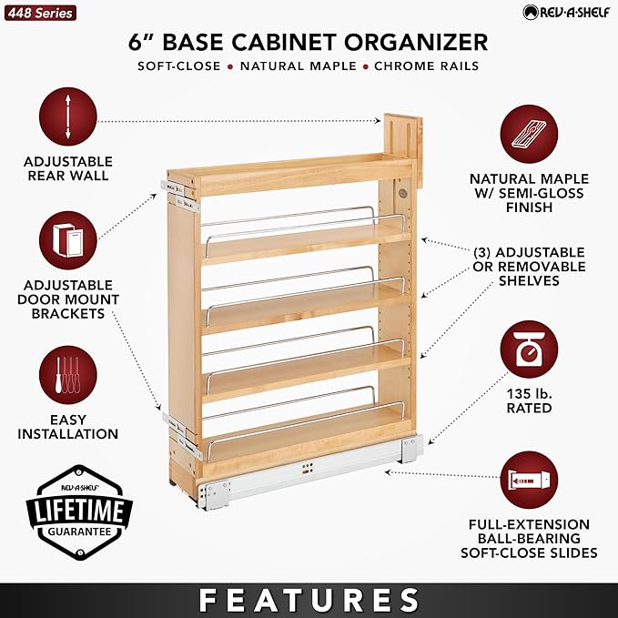 Rev-A-Shelf 5.5" Pullout Storage Organizer for Base Kitchen/Bathroom Cabinets with Soft-Close Full Extension Slides & Adjustable Shelves, 448-BCSC-5C