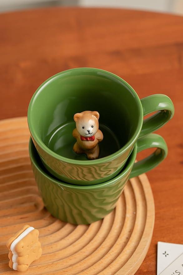 DIHOclub Bow Tie Bear Coffee Cup Hidden Ceramic Animal Inside Mug,Cute Cartoon Handmade Figurine Mugs,Holiday and Birthday Gift for Coffee Milk Tea Lovers,12 Oz(Green)
