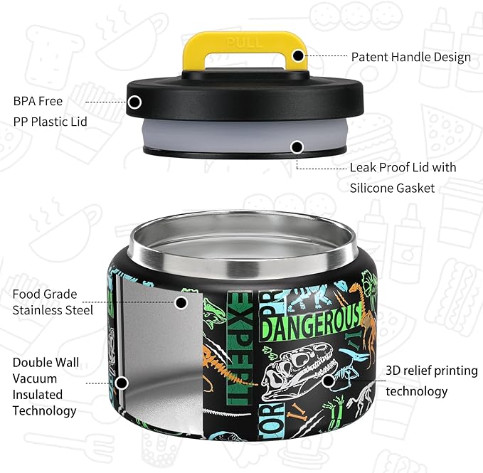 MAISON HUIS 8oz Soup Thermo Wide Mouth Vacuum Insulated Thermo Food Jar, Leak Proof Stainless Steel Thermo for Hot&Cold Food Kids Food Lunch Soup Container for School Travel（Black-Dinosaur）