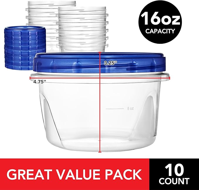 Stock Your Home 16oz Plastic Containers with Twist Top Lids (10 Pack), 2 Cup Freezer Containers with Lids for Leftover Food, Airtight Reusable Soup Containers, Microwave and Dishwasher Safe