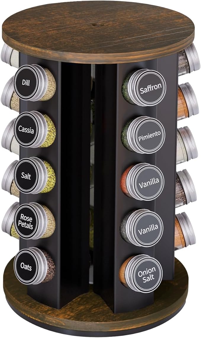 New England Stories Revolving Spice Rack Set with 25 Spice Jars, Kitchen Spice Tower Organizer for Countertop or Cabinet - Carousel Storage Includes 386 Spice Labels