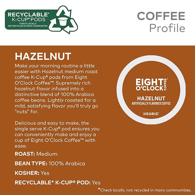 Eight O'Clock Coffee Hazelnut, Single-Serve Coffee K-Cup Pods, Medium Roast, 72 Count
