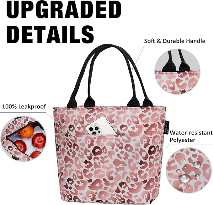 Aosbos Lunch Tote Bag, Insulated Lunch Box for Women, Leakproof Lunch Cooler Purse for Work, Pink Leopard Print