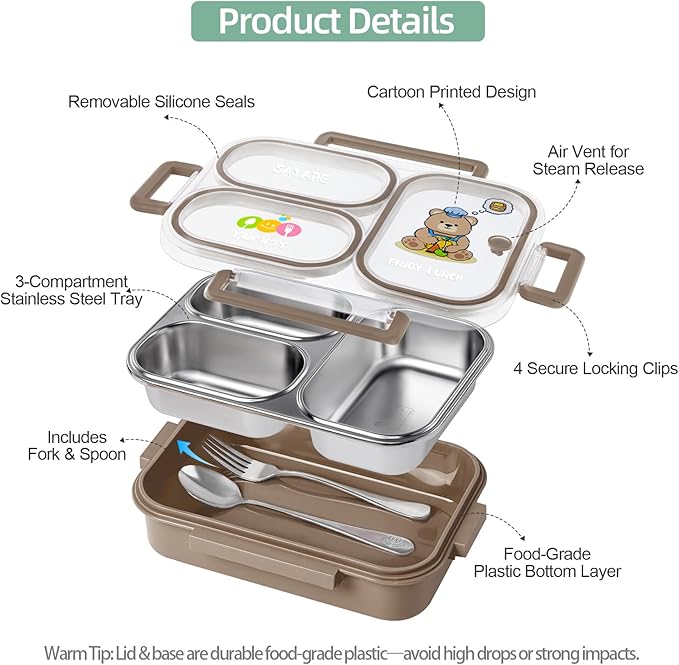 Stainless Steel Bento Lunch Box for Kids, 26.4 oz Leak-Proof 3-Compartment Metal Bento Box, BPA-Free, Cute Cartoon Meal Prep Snack Container with Utensils for School, Office, Travel - Brown