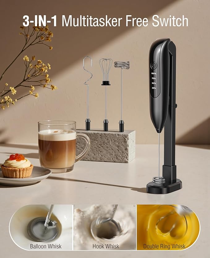 Electric Milk Frother Handheld: Rechargeable 3 Heads 3 Speeds Portable Stainless Steel Drink Foam Mixer with LED Digital Display for Milk Coffee, Lattes, Cappuccino, Matcha
