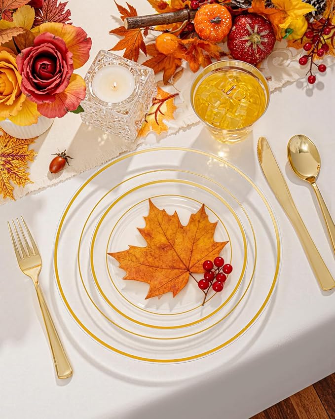 bUCLA 300Pcs Clear Gold Plastic Disposable Dinnerware Set - Clear Plates with Gold Trim Include 50 Dinner / 50 Dessert Plates,50 Cups,150 Plastic Silverware Set for Party, Fall & Thanksgiving