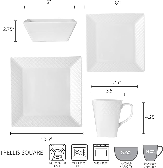 Trellis White Square 16 Piece Dinnerware Set, Service For 4