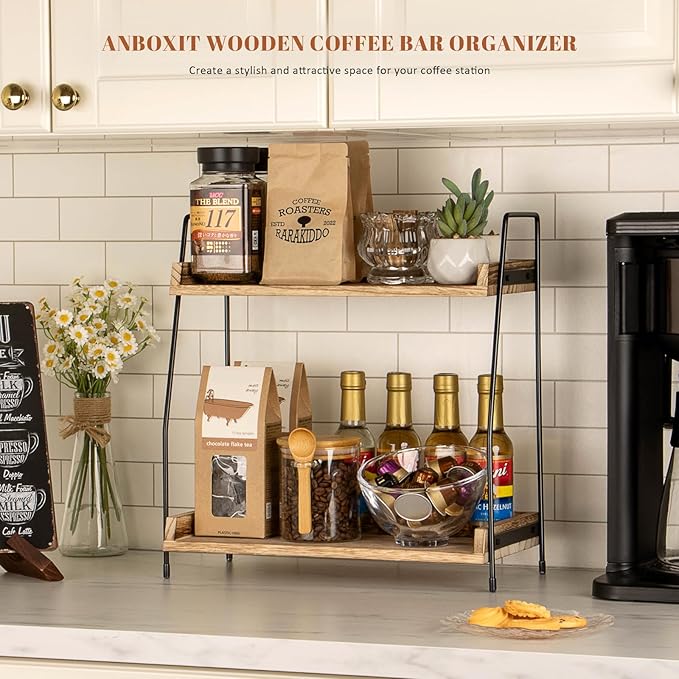 Countertop Coffee Station Organizer, 2 Tier Wooden Shelf for Coffee Bar Accessories, Condiment Storage Caddy for Kitchen, Home, Office - Brown