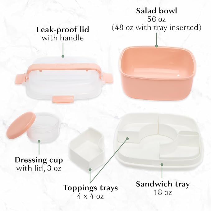 Goodful Stackable Lunch Box Container, Bento Style Food Storage with Removeable Compartments for Sandwich, Snacks, Toppings & Dressing, Leak-Proof and Made without BPA, 56-Ounce, Blush
