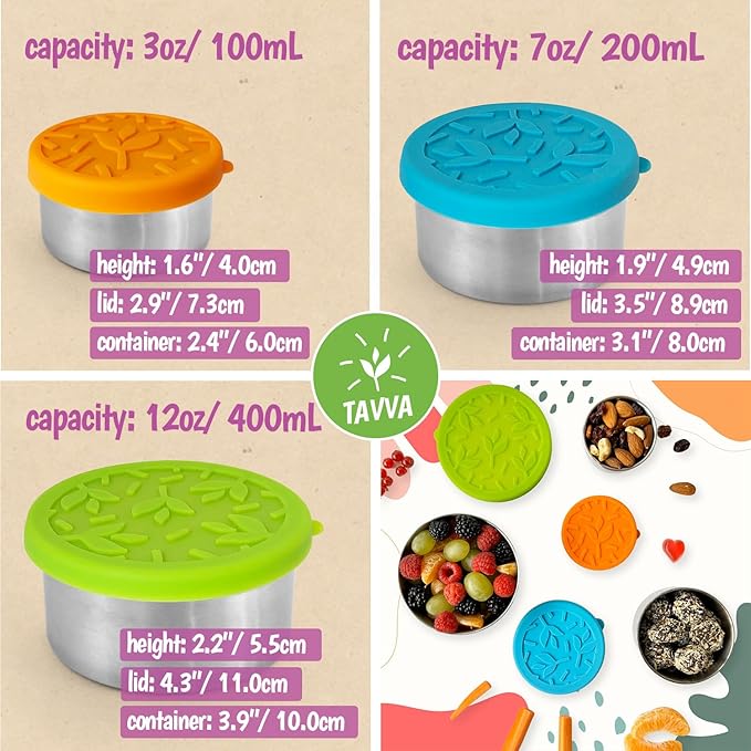TAVVA Stainless Steel Lunch Containers for Kids [12oz/ 7oz/ 3oz] - BPA-Free Metal Lunchbox with Leakproof Silicone Lids - Lunch Box for Kids - Small Snack Food Containers with Lids - Dishwasher Safe