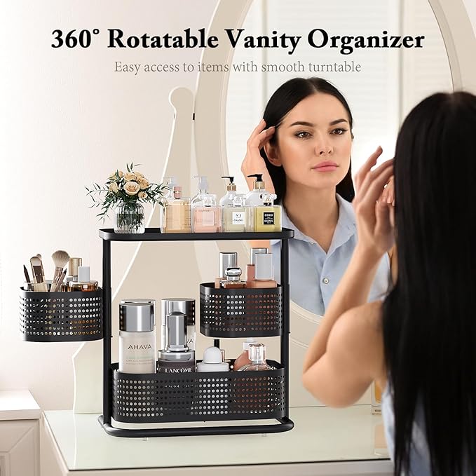 KINGRACK Bathroom Counter Organizer, 3 Tier Rotating Vanity Bedroom Storage cabinet, Cosmetic Holder Standing Shelf, Bathroom Tray for Countertop Storage, Kitchen Spice Rack, Black