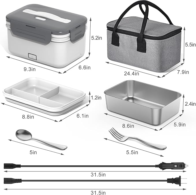 Electric Lunch Box Food Heater 100W, 4 in 1 Ultra Quick Heated Lunch Boxes for Adults 12V/24V/110V/220V Portable Food Warmer for Car/Truck/Office With Fork Spoon and Insulated Carry Bag