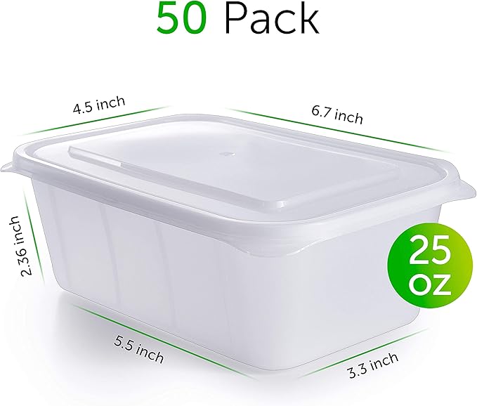Prep Naturals 25 oz Meal Prep Containers - BPA-Free Food Storage Containers with Lids - Microwave & Freezer Safe Soup Bowls with Lids - Dishwasher Safe Meal Prep Bowls - Pack of 50, Clear