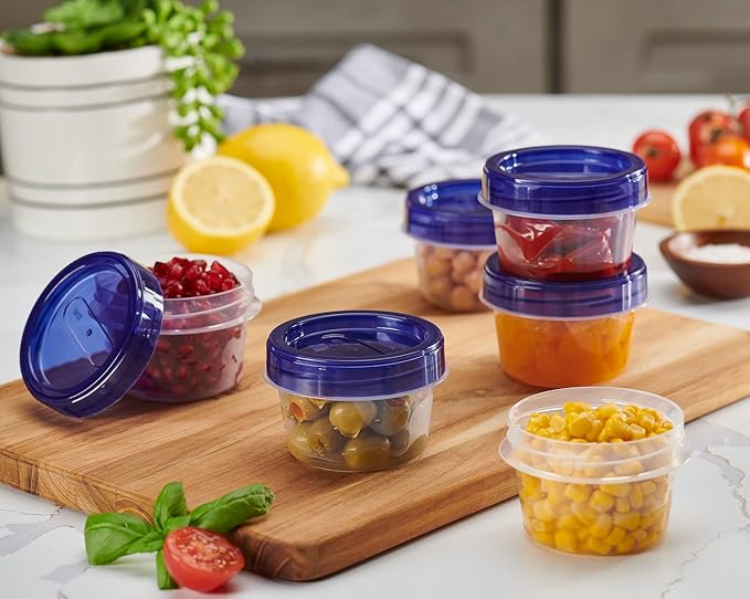 PLASTICPRO 12 Pack Twist Cap Food Storage Containers with Blue Screw on Lid- 4 oz Reusable Meal Prep Containers - Small Freezer Containers Microwave Safe Blue Plastic Food Storage