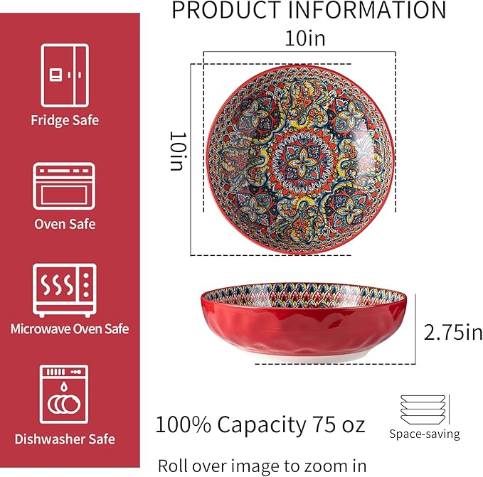 YUN TAO Large Serving Bowls,10 inch Porcelain Bowls, 75 Oz Capacity, Vibrant Red Hue - Microwave and Dishwasher Safe for Salad, Pasta, Entertaining and Party (Set of 2)