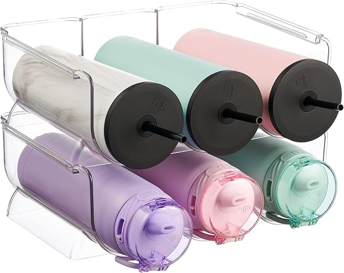 2 Pack Plastic Stackable Water Bottle Holders - Kitchen Pantry Refrigerator Storage Bins - Wine and Water Bottle Organizer Stand for Home Organization and Storage, Countertop Cabinet Organization Rack