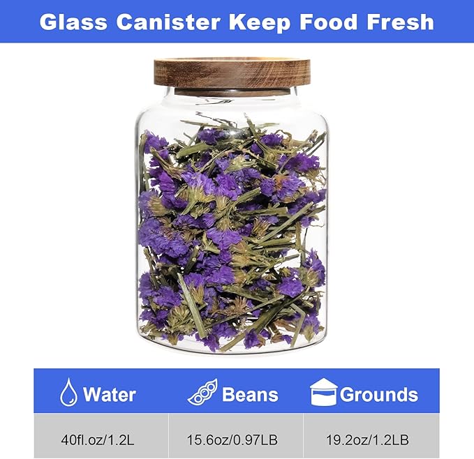 Glass Food Storage Jar with Lids Spoon Glass Coffee Canister Borosilicate Glass Food Containers for Ground Coffee Beans Nut Pasta Sugar Candy Spice Rice Tea (1200ml/40oz-1 pack-no spoon)