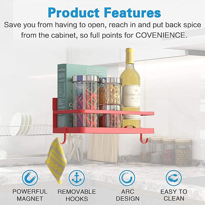 Magnetic Spice Rack Organizer Refrigerator Spice Storage Shelf（Red 2 pack with hook）
