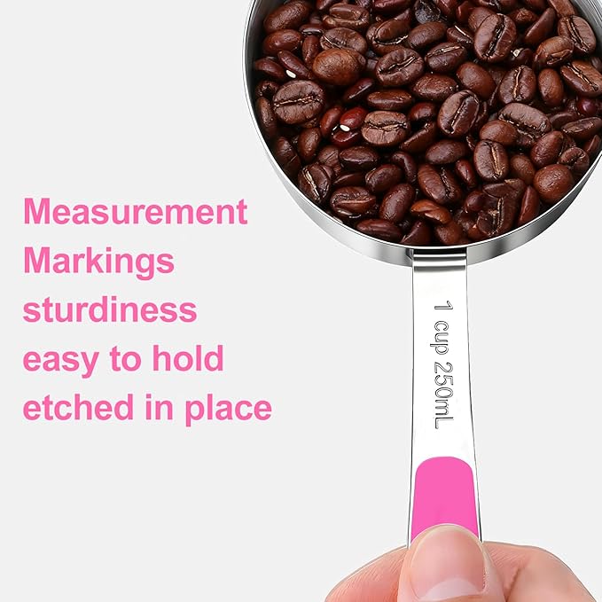 Measuring Cups and Spoons Set Stainless Steel 10 Piece for Cooking and Baking (5 Cups + 5 Spoons, Pink Handle)